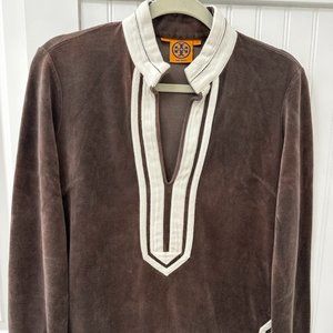 Tory Burch Classic Brown Velour & Cream Trim Tunic Top. Sz. S